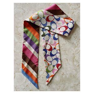 Coach Silk Bag Scarf Multicolor Stripe and Logo Print Y2K
